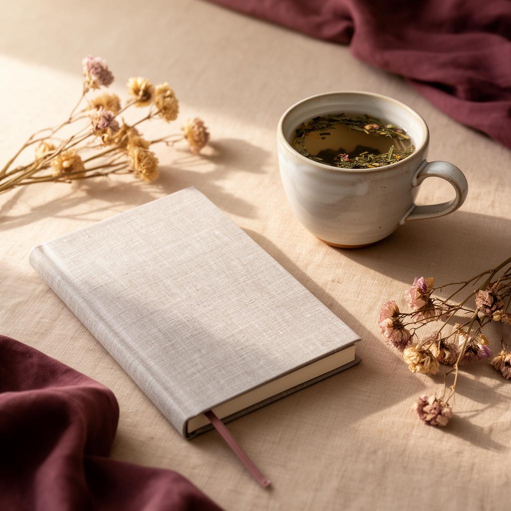 A linen journal, ceramic cup, and dried flowers in soft morning light